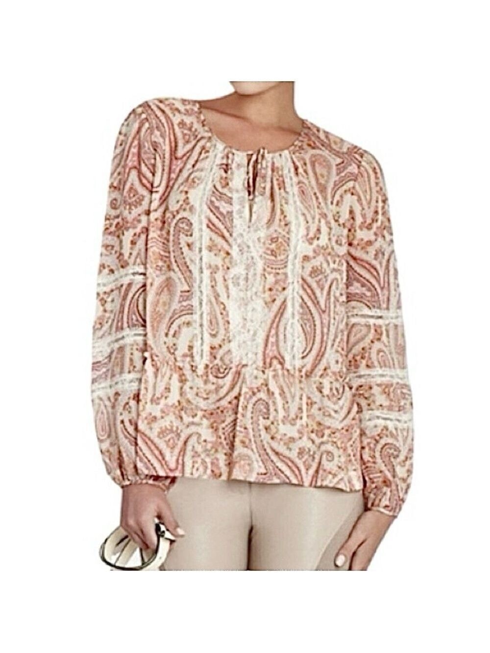 BCBGMaxAzria boho paisley chiffon ruffle oversized blouse top XXS